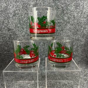 3 Seagrams VO Christmas Holly Whiskey Lowball Glasses Holiday Old Fashioned